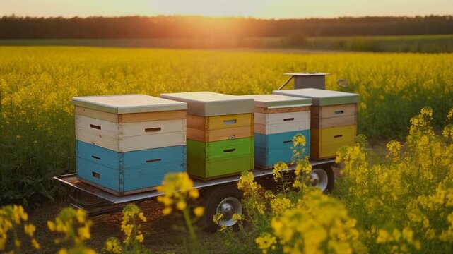 Beehives in a vibrant yellow field during golden hour with soft sunlight