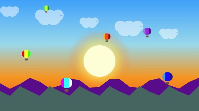 2D flat vector animation of colorful hot air balloons floating across the sky over a mountain landscape during sunset. Bright sun, soft clouds, and vibrant gradient sky. Ideal for travel, vacation, fe