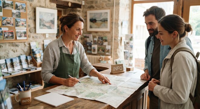 Friendly female tourist information center employee pointing at map on wooden counter helping couple.