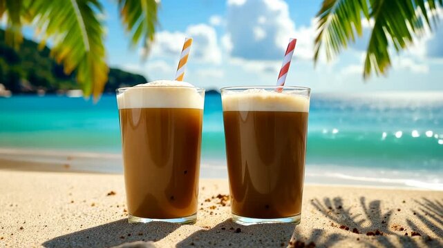 two glasses of vietnamese coffee with creamy foam on tropical beach as palm leaves sway in ocean breeze, concept of summer refreshment, cafe culture, tropical travel