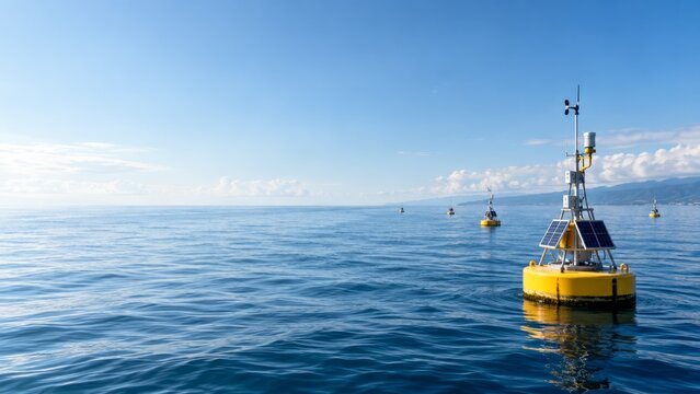 Solar powered oceanographic buoys floating in calm blue sea for scientific weather monitoring and climate research data collection