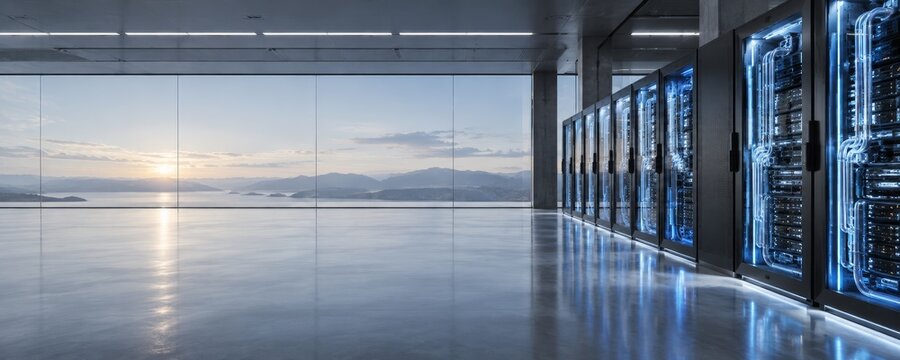 Modern data center server room with panoramic lake sunset view and high tech computing infrastructure