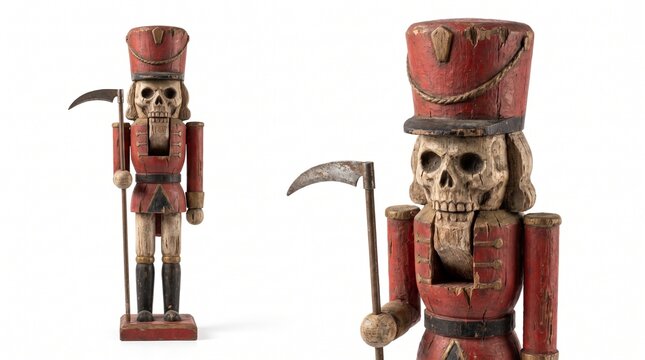 Vintage Wooden Nutcracker with Skull Design on White Background
