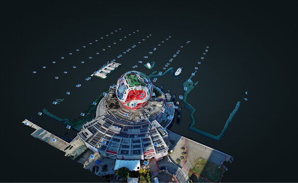 Aerial view of a spherical architectural structure with a circular base, surrounded by water and floating markers in a 3D model rendering in Richmond, British Columbia, Canada.