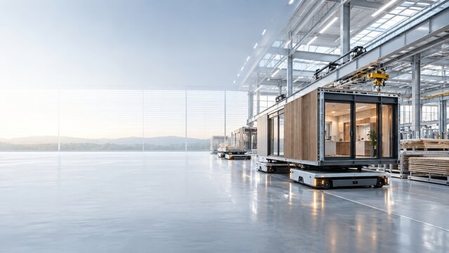Modern prefabricated modular home construction in automated industrial factory warehouse setting