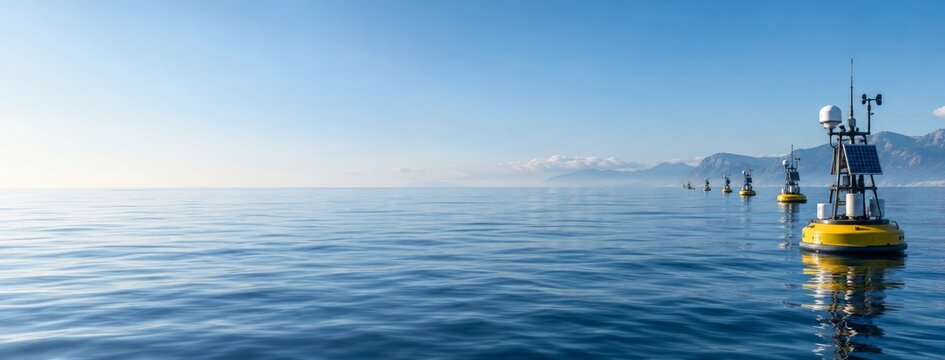 Oceanic buoys for meteorological and environmental monitoring in calm coastal waters with distant mountain ranges on horizon