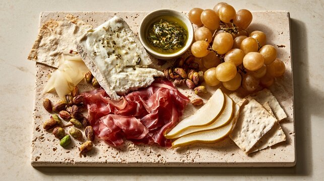 A contemporary autumn charcuterie board served on beige limestone combines goat cheese, bresaola, pear ribbons, roasted pistachios, golden grapes, and thin crispbread