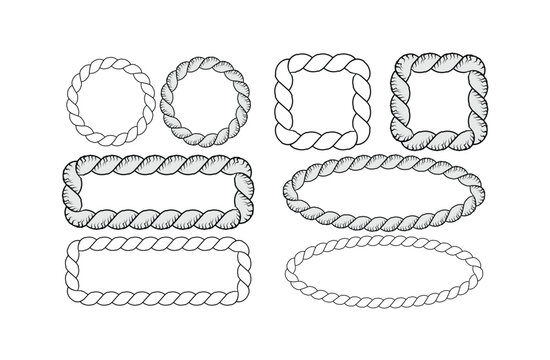 Set of nautical rope frames and borders in various shapes including circle, oval, square, and rectangles. Oval Geometries with Shaded and Line Art Variations