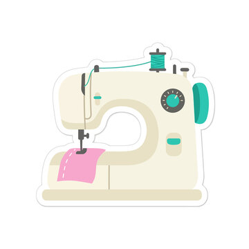 Sewing machine illustration with teal spool and pink fabric patch for creative craft projects tailoring business branding or textile design workshop educational use.