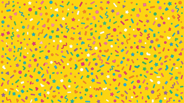 Colorful confetti pattern background with festive geometric sprinkles on bright yellow surface