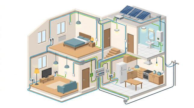Isometric house cross section showing electrical wiring and solar energy system