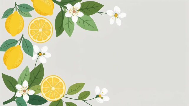 Modern Flat Vector Ripe Lemons with Citrus Leaves and Blossoms