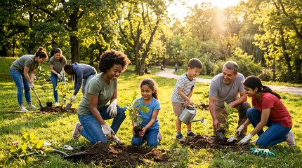 Fototapeta premium Diverse group of smiling volunteers planting young green trees together in sunny public park