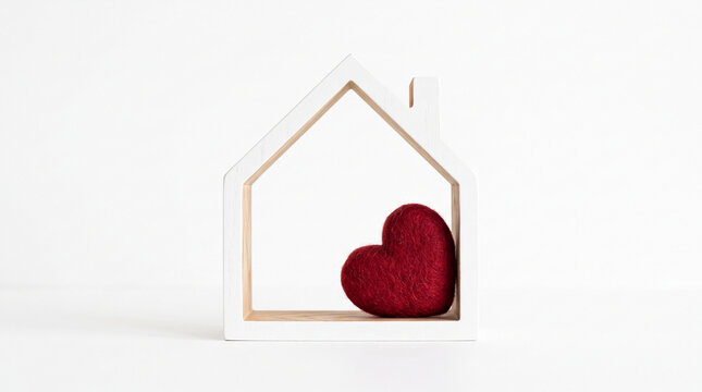 A red felt heart inside a minimalist house frame, symbolizing home, love, and belonging, perfect for Valentine's Day or family concepts