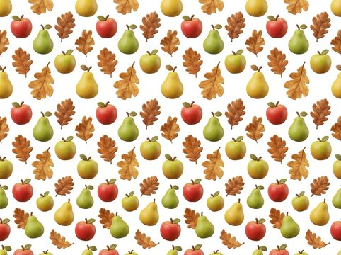 3D Seamless Pattern with Pears, Apples and Oak Leaves