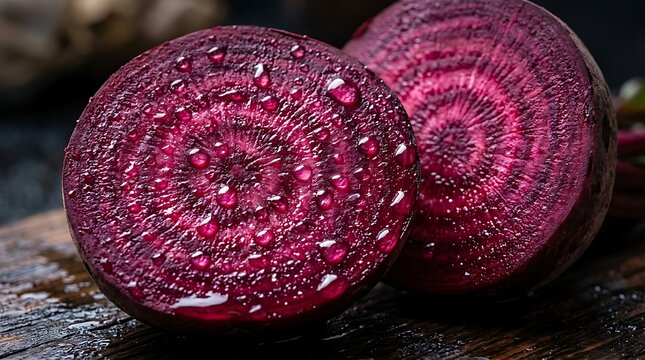 Freshly sliced organic beetroots with water droplets on a dark rustic wooden background