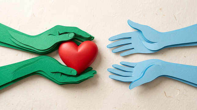Green paper hands holding a red heart, with blue paper hands reaching, symbolizing care, support, and the concept of giving love and aid