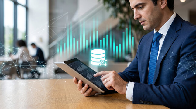 Man in suit using tablet with digital chart and database icon, representing data analysis and business.