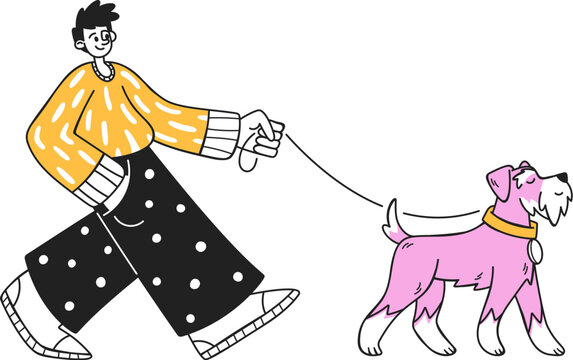 Dog Walking With Owner Cartoon