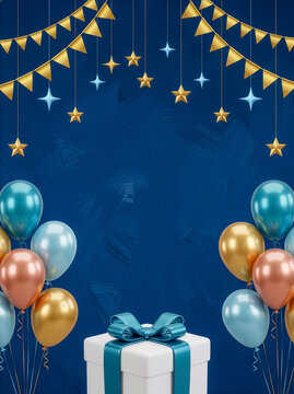 Blue birthday party background with metallic balloons, gold bunting, hanging stars and gift box