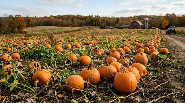 Large orange pumpkin patch field under a blue sky.