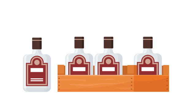 Red Glass Beverage Bottles with Labels in Orange Crate Illustration