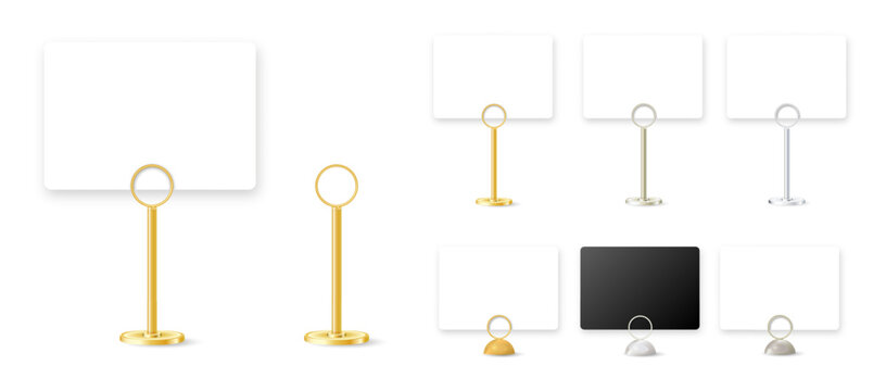 Metal card holder stand with clip for memo display on table. Blank sign template for business info, restaurant menu, or office desk presentation. Vector