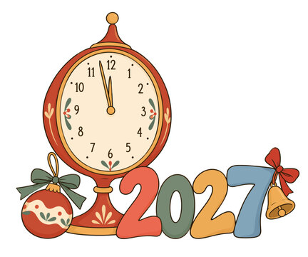 Colorful 2027 New Year numbers with Christmas decorations vase evergreen and bells illustration
