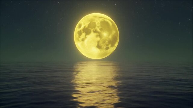 Full moon reflecting on calm water surface during twilight with atmospheric glow