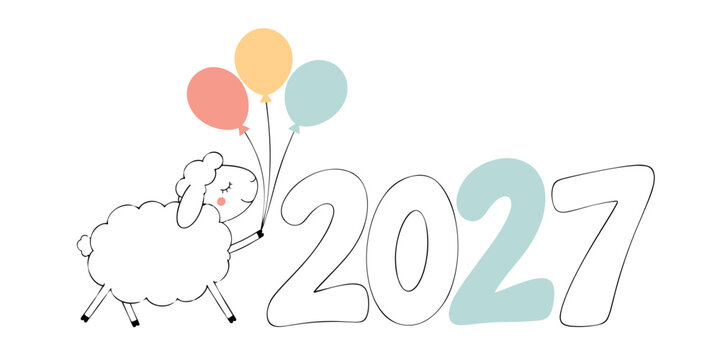 Cute sheep with balloons and pastel 2027 New Year numbers