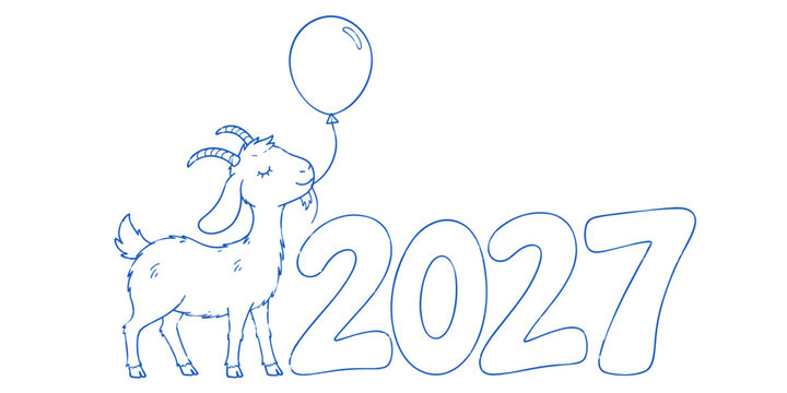 Blue line art goats with balloon and 2027 New Year numbers