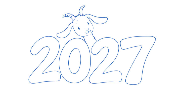Blue line art goat resting on 2027 New Year numbers