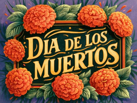 Colorful dia de los muertos decorative sign with orange flowers