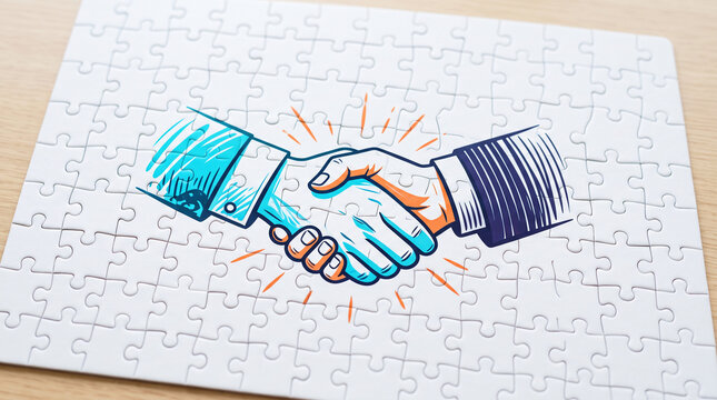 Stylized handshake illustration on a white jigsaw puzzle, symbolizing partnership, agreement, and connection, ideal for business or collaboration themes