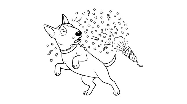 Bull terrier dog startled by a party popper celebration vector illustration