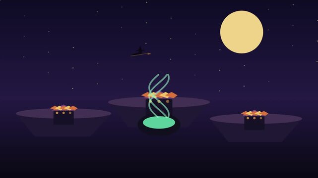 Abstract Sci-Fi Vector Illustration of Glowing DNA Helix on Floating Platforms Under a Full Moon Night Sky