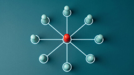 Obraz premium Wooden figures connected by glowing lines, representing a network or communication, symbolizing connection, coordination, and data flow