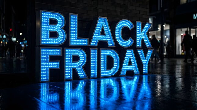 Glowing blue black friday sign on wet street at night