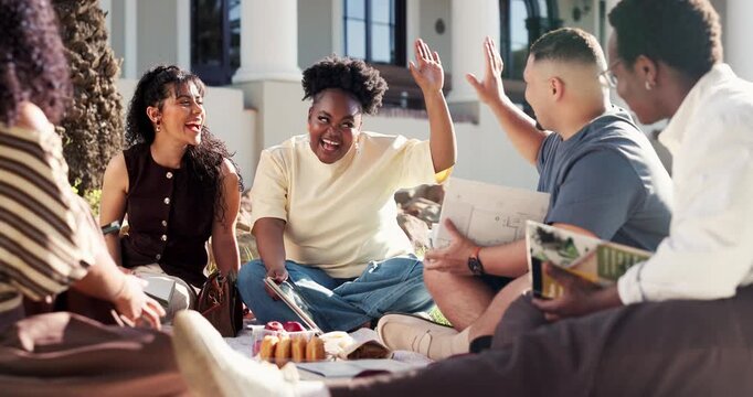 College, tablet and students high five for studying, learning and talking for exam prep together. University, outdoor and friends with textbooks, answer and chat for education, quiz and group project