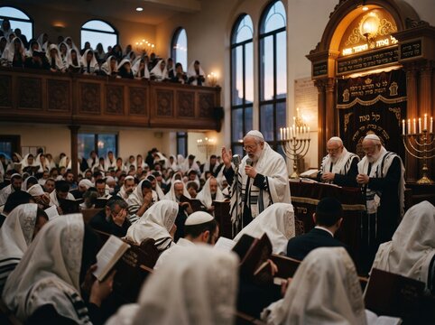Congregation of Jewish men praying in a synagogue wearing tallit and kippah during a religious service.