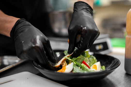 Chef in black nitrile gloves meticulously plates a fresh Caesar salad with sliced hard-boiled eggs in a professional kitchen