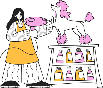 Poodle Grooming With Hairdryer Cartoon