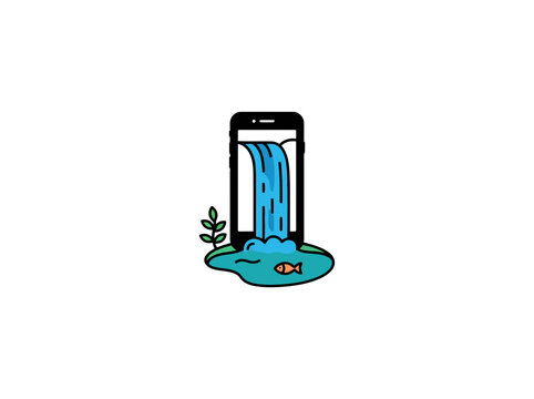 Smartphone Screen Showing A Serene Waterfall Flowing Into A Pond With Fish And Small Aquatic Plants In A Nature Inspired Digital Scene, Vector Illustration