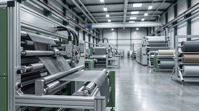 Modern technical textiles production facility with automated fabric processing systems and spacious industrial environment extending into elegant perspective, ultra realistic, premium commercial phot