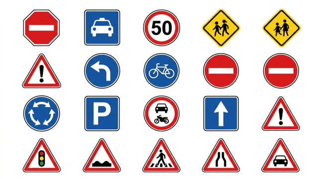 Modern Collection of 24 International Road Signs with Clear Symbols Colors and Shapes for Traffic Safety and Awareness