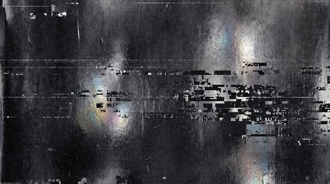 Dark CRT screen glitch texture with horizontal pixel bands and sheen, iridescent rainbow distortion overlay on monochrome television display for futuristic cyberpunk poster, techno art and banner
