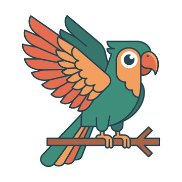 Cute cartoon parrot with open wings perched on a branch, vibrant colors