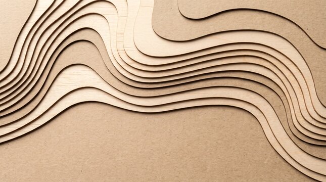 Dynamic architectural site model topography background with wood ridges, sinuous balsa curves and kraft paper copy space for sustainable masterplan presentation and corporate banner