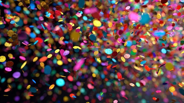 Vibrant multicolored confetti pieces exploding dynamically through dark space during celebration event captured in macro photography