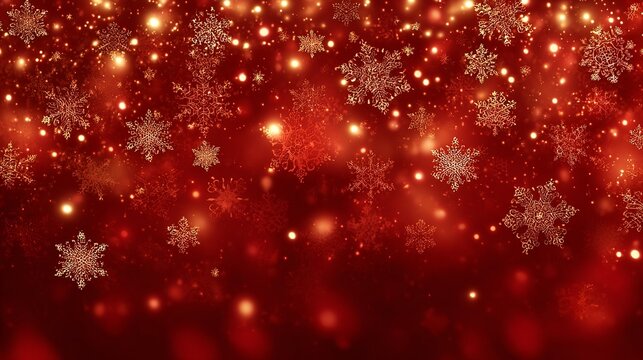 Glowing red Christmas background featuring sparkling golden snowflakes and festive magic lights shining brightly throughout the winter season